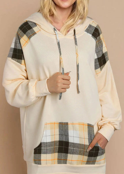 Drawstring Plaid Long Sleeve Hoodie - Trendsi