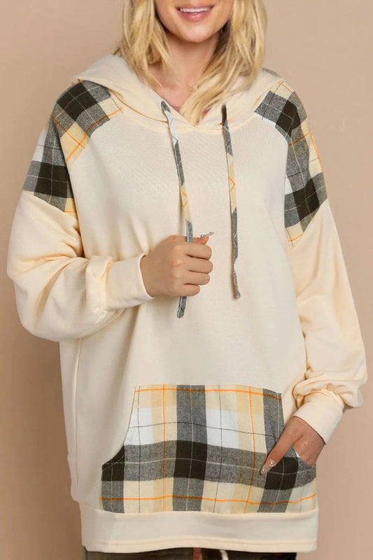 Drawstring Plaid Long Sleeve Hoodie - Trendsi