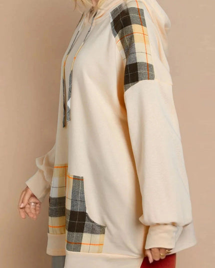 Drawstring Plaid Long Sleeve Hoodie - Trendsi