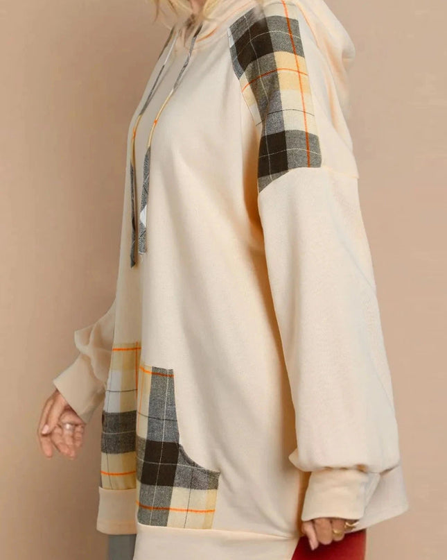 Drawstring Plaid Long Sleeve Hoodie - Trendsi