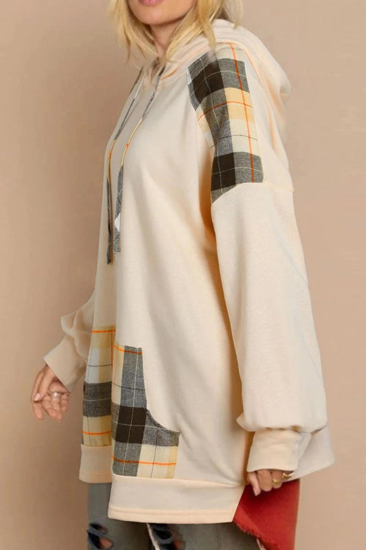 Drawstring Plaid Long Sleeve Hoodie - Trendsi