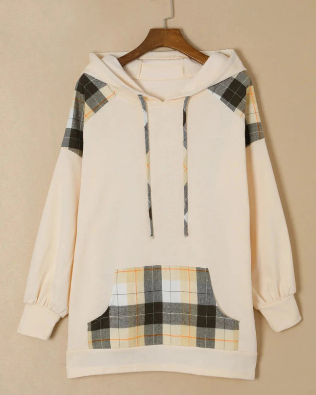 Drawstring Plaid Long Sleeve Hoodie - Trendsi