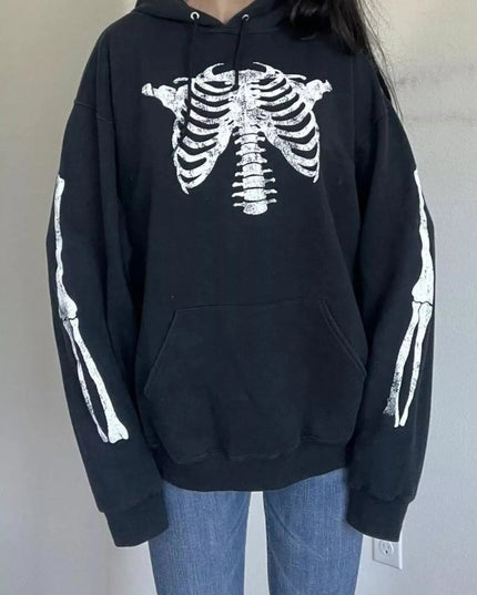 Drawstring Skeleton Long Sleeve Hoodie - Trendsi
