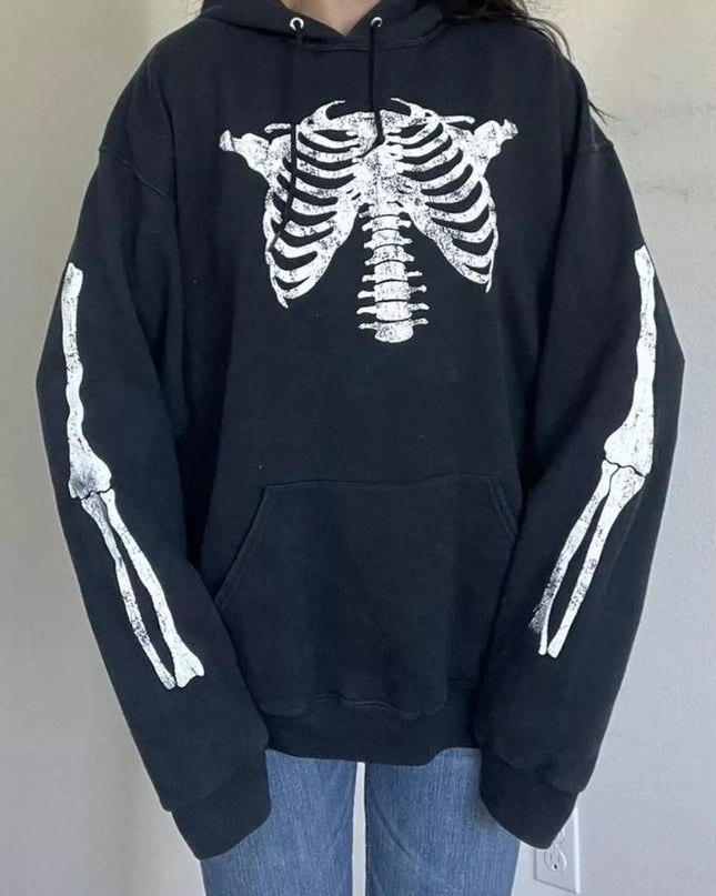 Drawstring Skeleton Long Sleeve Hoodie - Trendsi