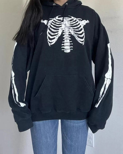 Drawstring Skeleton Long Sleeve Hoodie - Trendsi