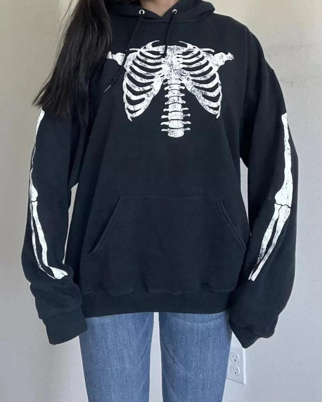 Drawstring Skeleton Long Sleeve Hoodie - Trendsi