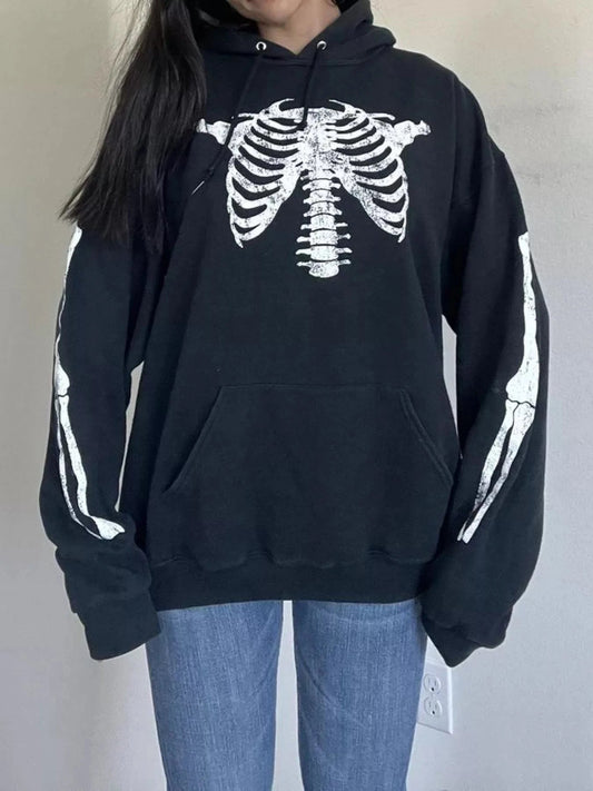 Drawstring Skeleton Long Sleeve Hoodie - Trendsi