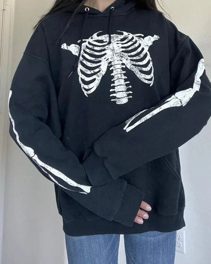 Drawstring Skeleton Long Sleeve Hoodie - Trendsi