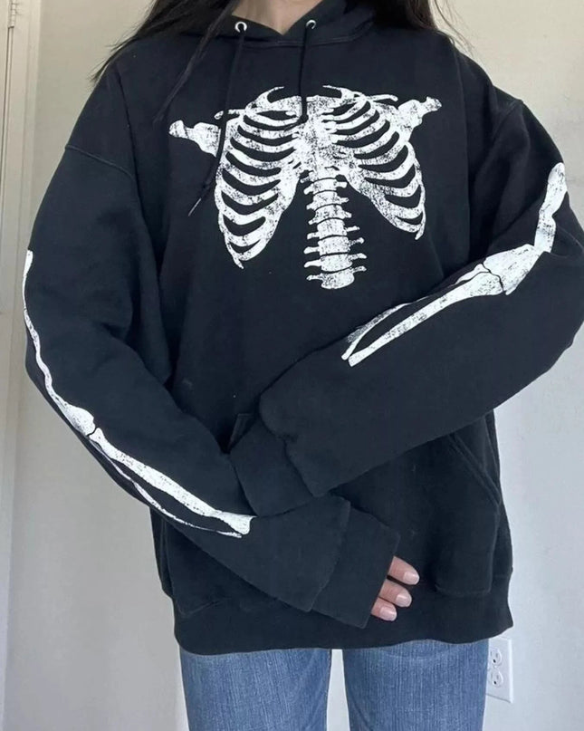 Drawstring Skeleton Long Sleeve Hoodie - Trendsi