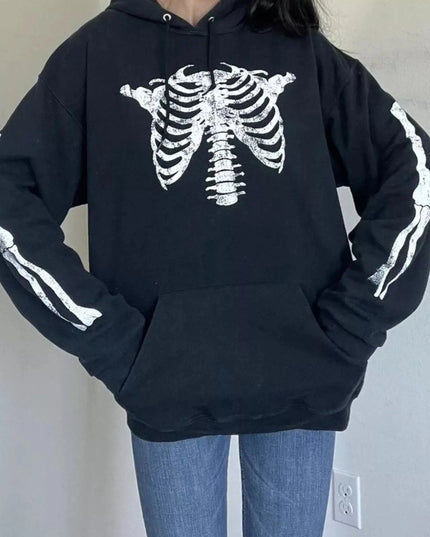 Drawstring Skeleton Long Sleeve Hoodie - Trendsi