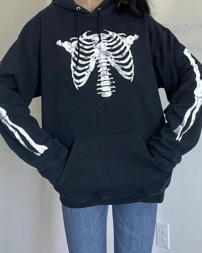 Drawstring Skeleton Long Sleeve Hoodie - Trendsi