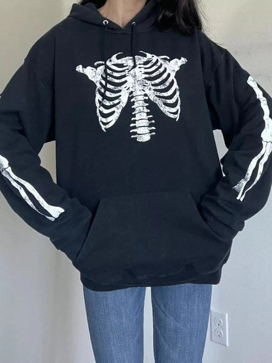 Drawstring Skeleton Long Sleeve Hoodie - Trendsi