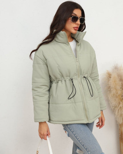 Drawstring Waist Zip - Up Puffer Jacket - Trendsi