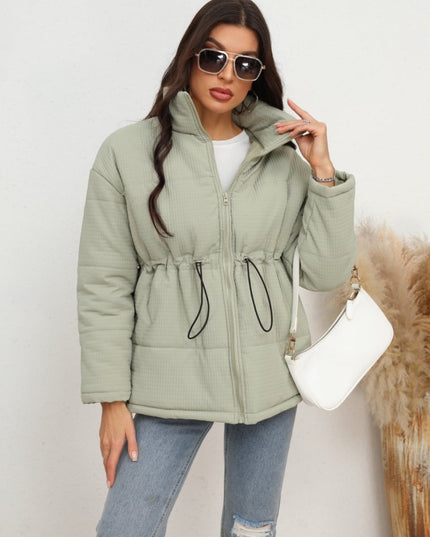 Drawstring Waist Zip - Up Puffer Jacket - Trendsi