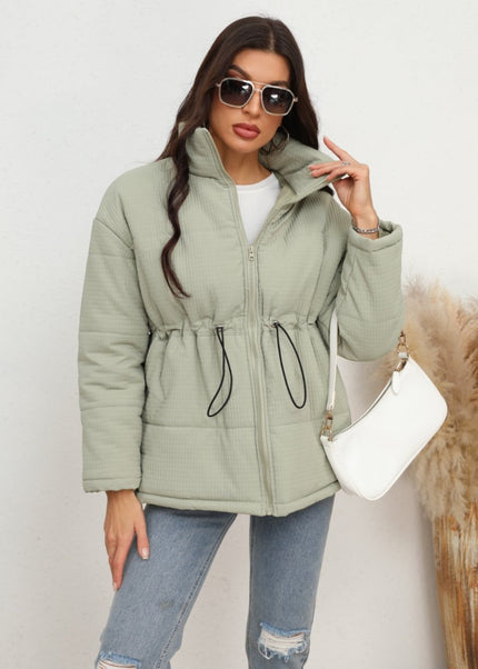Drawstring Waist Zip - Up Puffer Jacket - Trendsi
