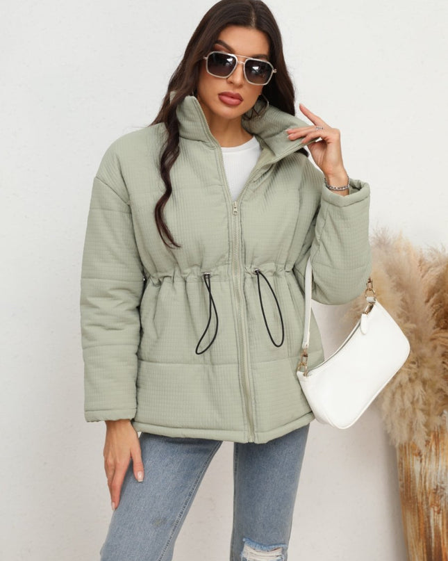 Drawstring Waist Zip - Up Puffer Jacket - Trendsi