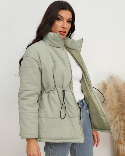 Drawstring Waist Zip - Up Puffer Jacket - Trendsi