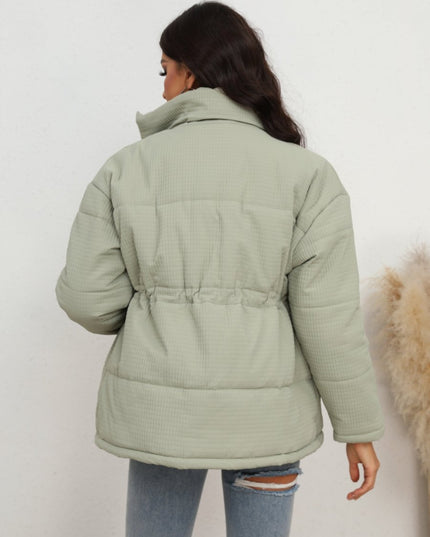 Drawstring Waist Zip - Up Puffer Jacket - Trendsi