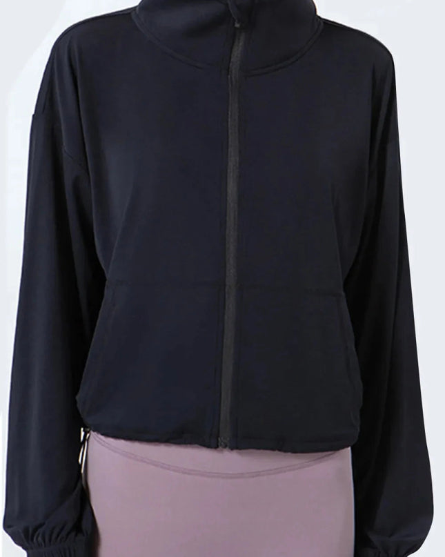 Drawstring Zip Up Dropped Shoulder Active Outerwear - Trendsi
