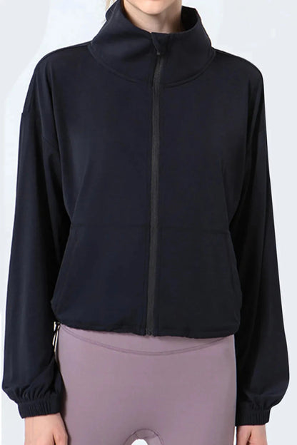 Drawstring Zip Up Dropped Shoulder Active Outerwear - Trendsi