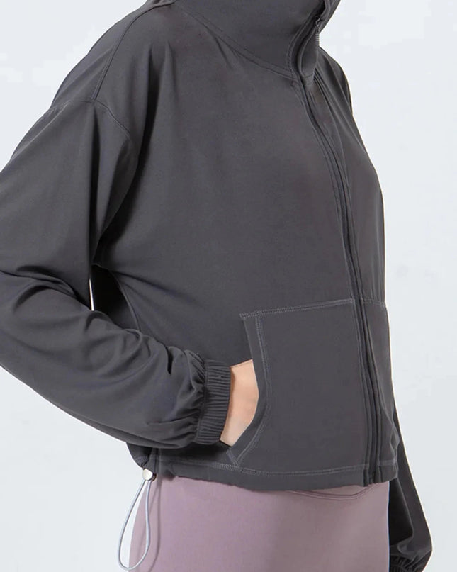 Drawstring Zip Up Dropped Shoulder Active Outerwear - Trendsi
