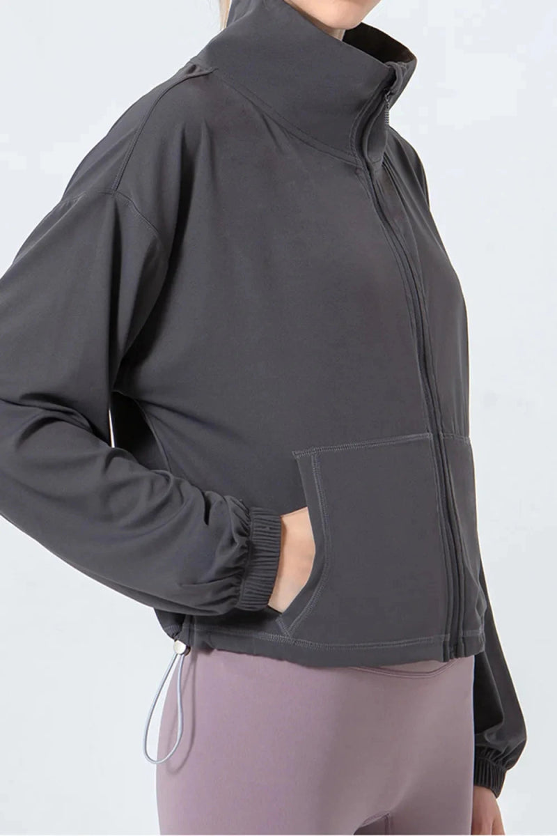 Drawstring Zip Up Dropped Shoulder Active Outerwear - Trendsi