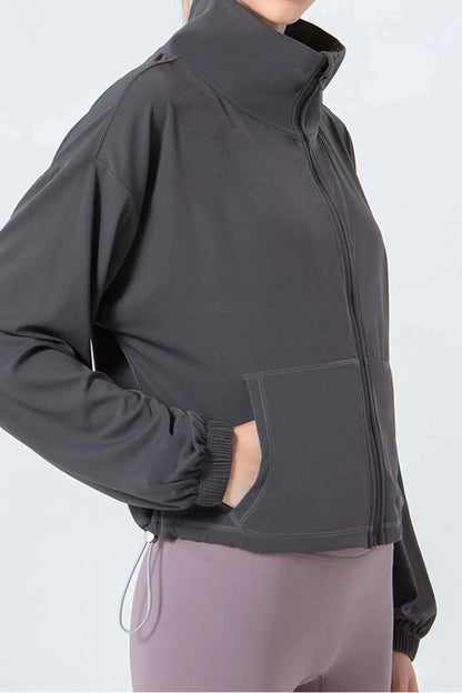 Drawstring Zip Up Dropped Shoulder Active Outerwear - Trendsi