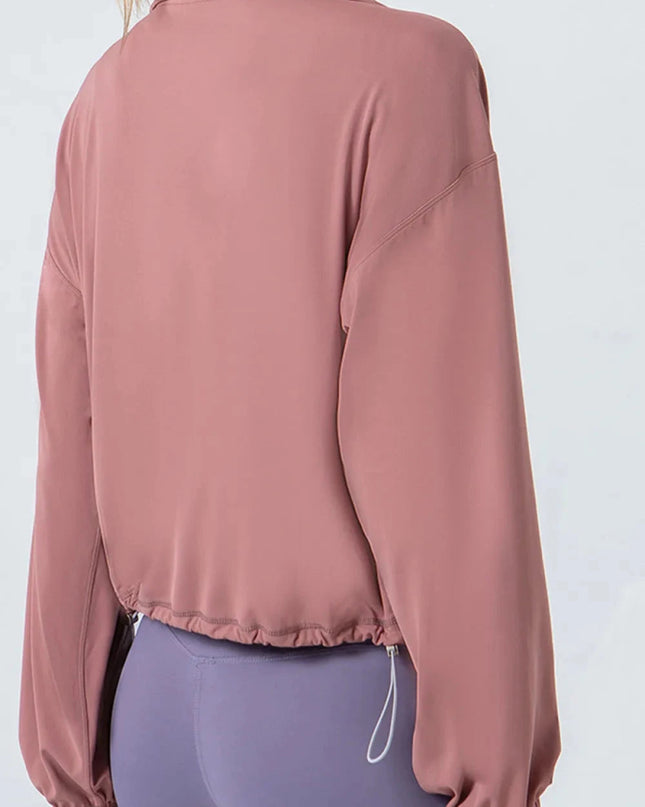 Drawstring Zip Up Dropped Shoulder Active Outerwear - Trendsi