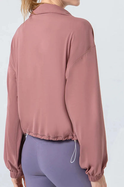 Drawstring Zip Up Dropped Shoulder Active Outerwear - Trendsi