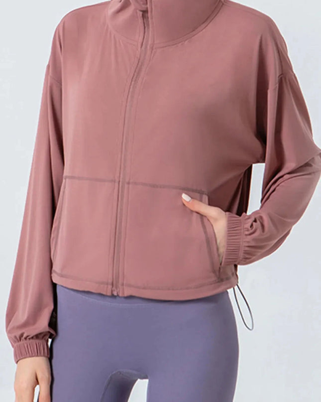 Drawstring Zip Up Dropped Shoulder Active Outerwear - Trendsi