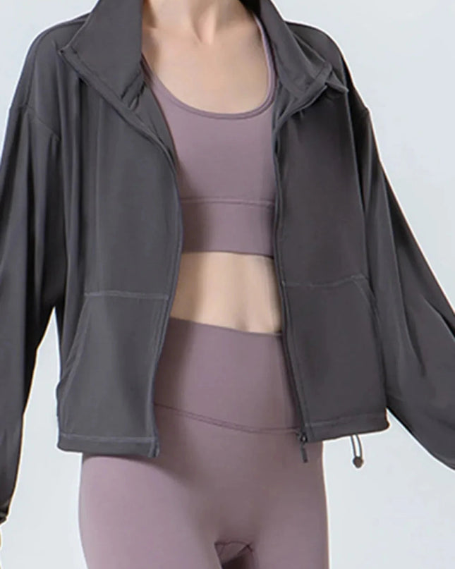 Drawstring Zip Up Dropped Shoulder Active Outerwear - Trendsi
