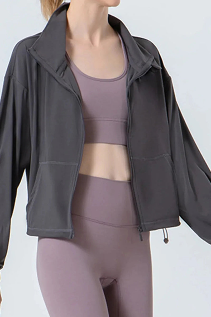 Drawstring Zip Up Dropped Shoulder Active Outerwear - Trendsi