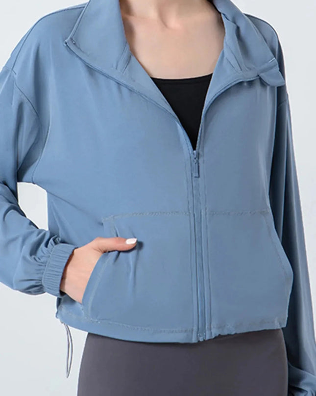 Drawstring Zip Up Dropped Shoulder Active Outerwear - Trendsi