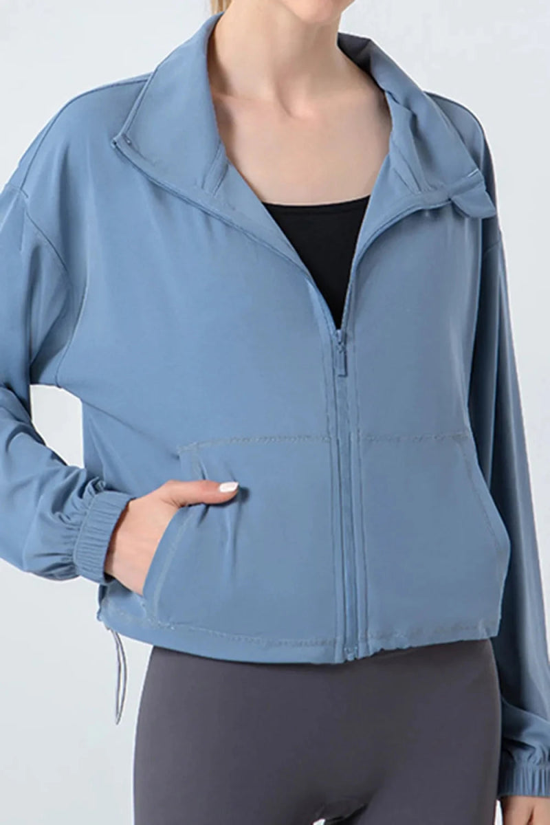 Drawstring Zip Up Dropped Shoulder Active Outerwear - Trendsi