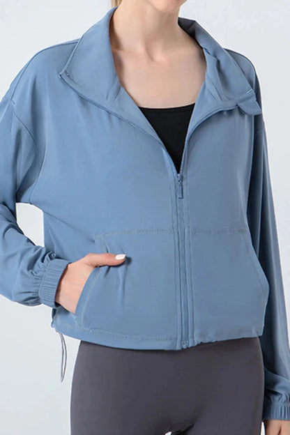 Drawstring Zip Up Dropped Shoulder Active Outerwear - Trendsi