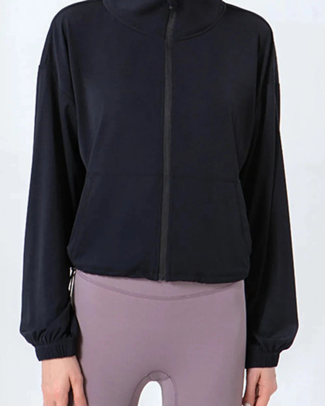 Drawstring Zip Up Dropped Shoulder Active Outerwear - Trendsi