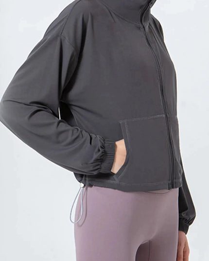 Drawstring Zip Up Dropped Shoulder Active Outerwear - Trendsi