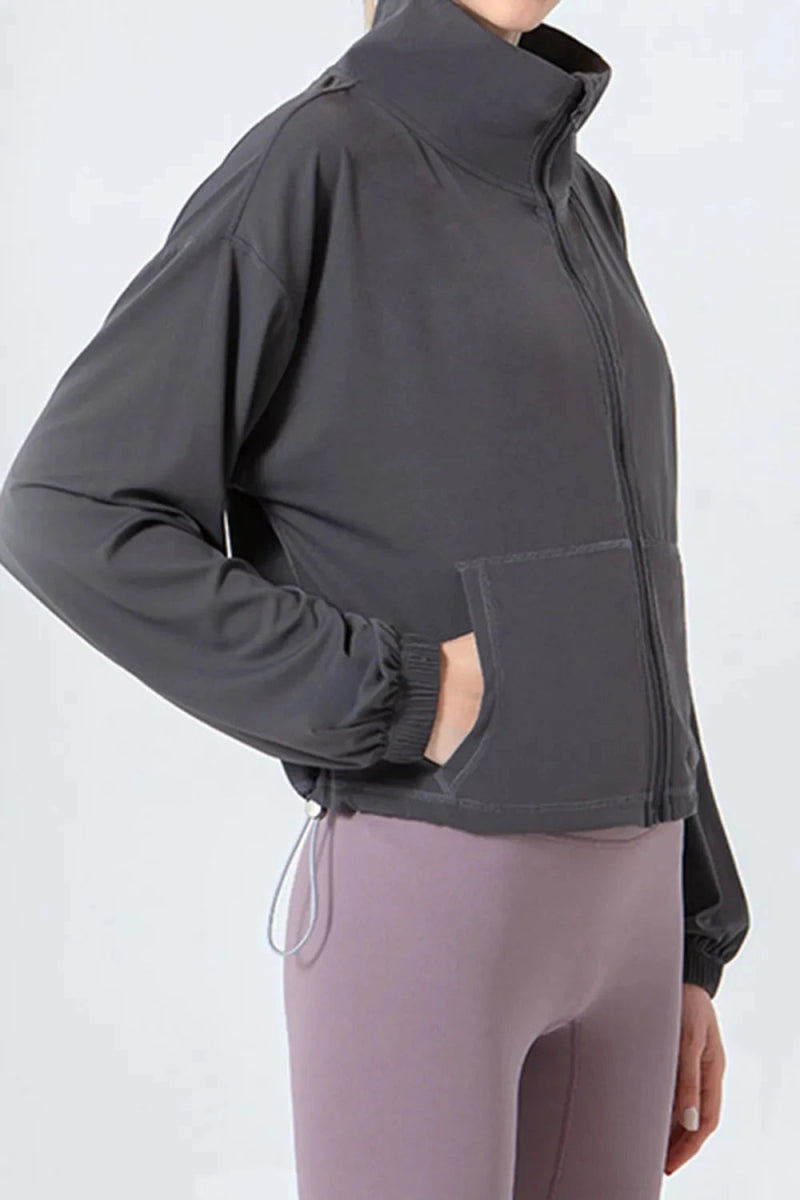 Drawstring Zip Up Dropped Shoulder Active Outerwear - Trendsi