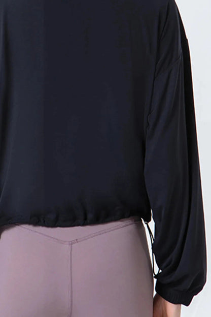 Drawstring Zip Up Dropped Shoulder Active Outerwear - Trendsi