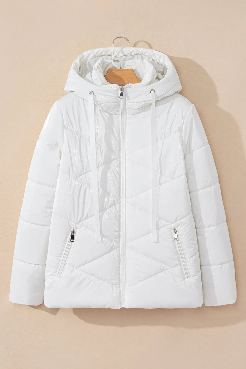 Drawstring Zip Up Long Sleeve Hooded Winter Coat - Trendsi