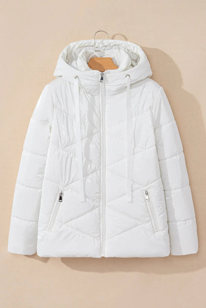 Drawstring Zip Up Long Sleeve Hooded Winter Coat - Trendsi