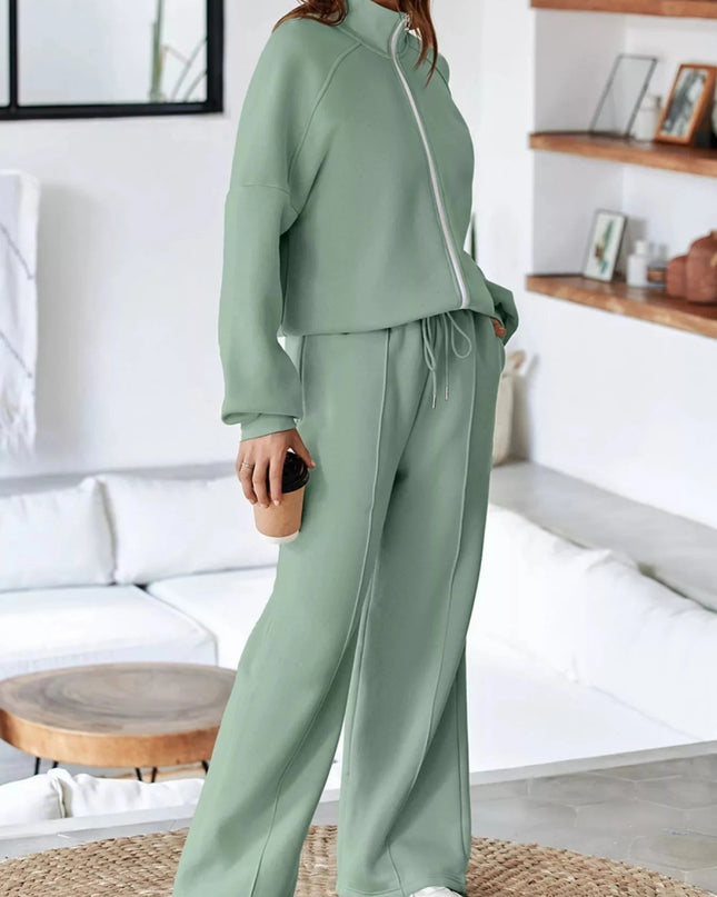 Drop Shoulder Zip Up Jacket and Drawstring Pants Active 2pcs Set - Trendsi