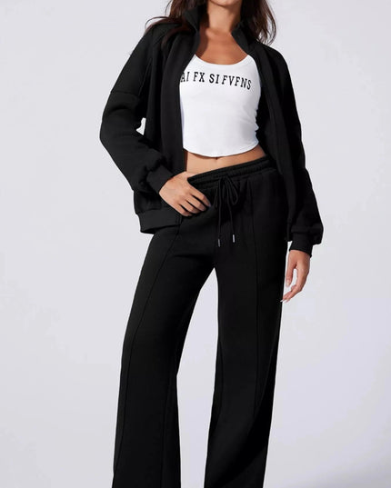 Drop Shoulder Zip Up Jacket and Drawstring Pants Active 2pcs Set - Trendsi