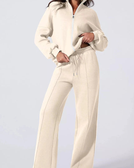 Drop Shoulder Zip Up Jacket and Drawstring Pants Active 2pcs Set - Trendsi