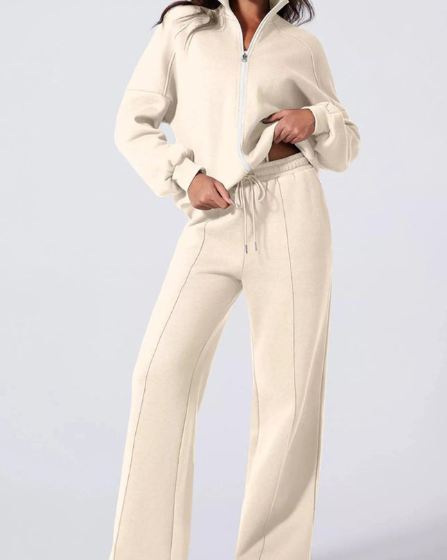 Drop Shoulder Zip Up Jacket and Drawstring Pants Active 2pcs Set - Trendsi