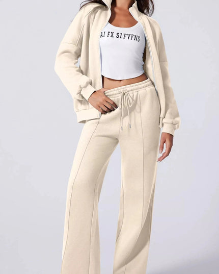 Drop Shoulder Zip Up Jacket and Drawstring Pants Active 2pcs Set - Trendsi
