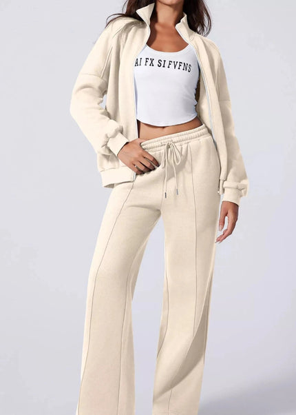 Drop Shoulder Zip Up Jacket and Drawstring Pants Active 2pcs Set - Trendsi