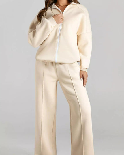 Drop Shoulder Zip Up Jacket and Drawstring Pants Active 2pcs Set - Trendsi