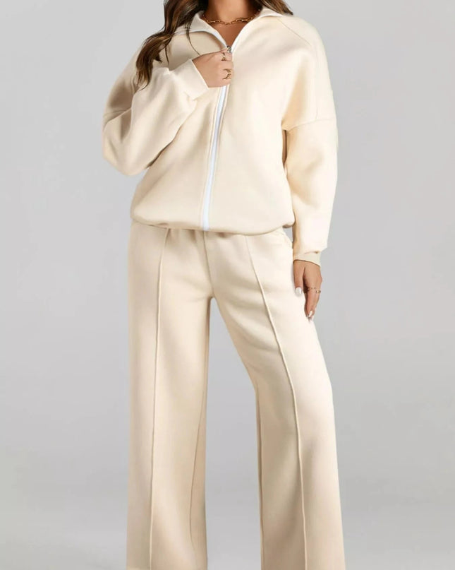 Drop Shoulder Zip Up Jacket and Drawstring Pants Active 2pcs Set - Trendsi