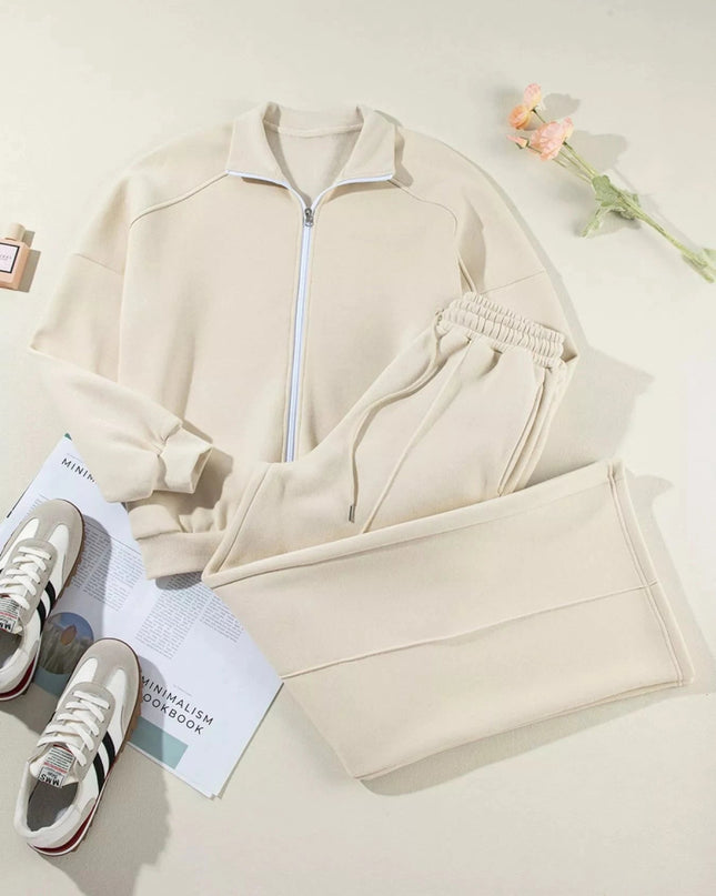 Drop Shoulder Zip Up Jacket and Drawstring Pants Active 2pcs Set - Trendsi